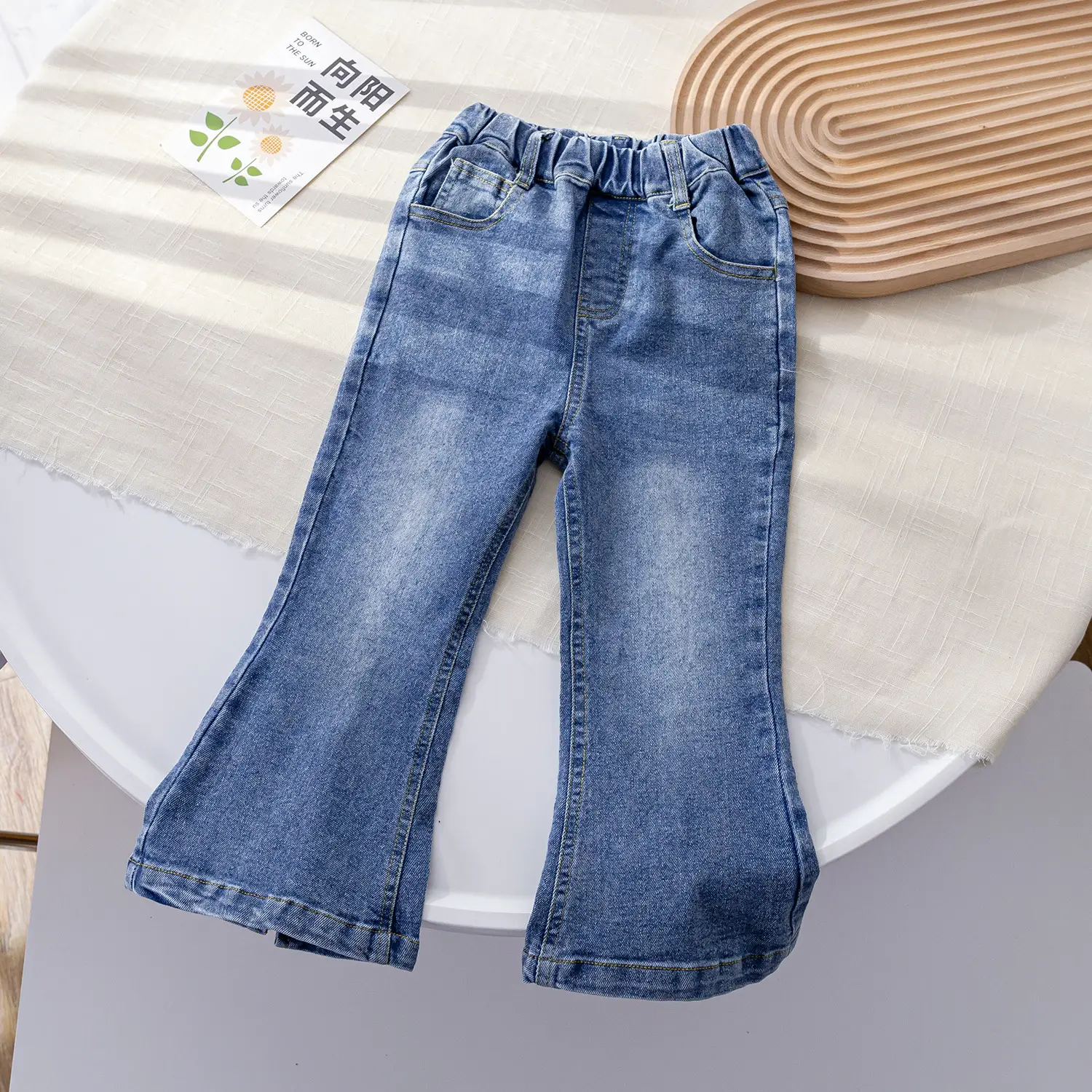 Sweetheart Daddy Girls Blue Denim Flare Pants with Black Bow
