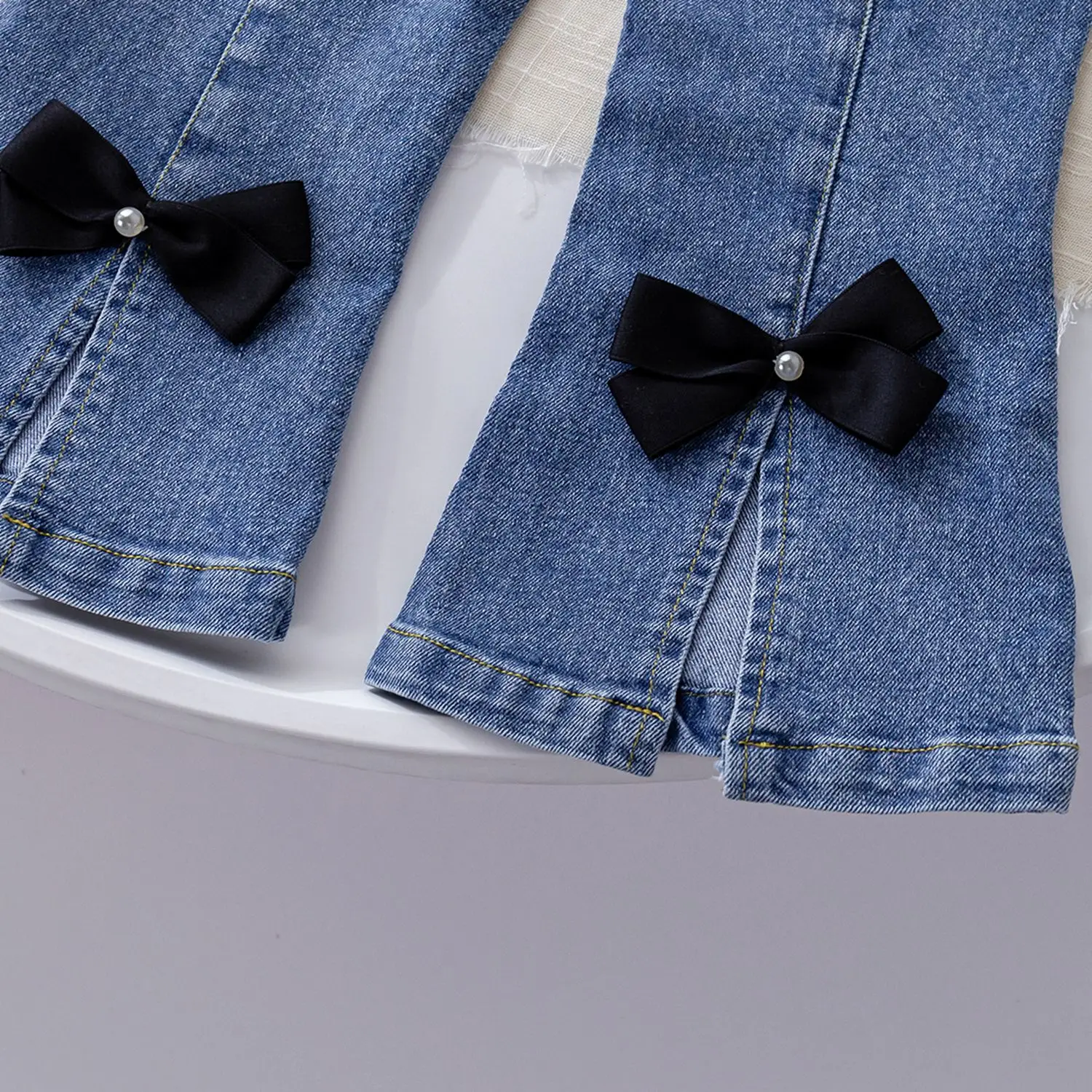 Sweetheart Daddy Girls Blue Denim Flare Pants with Black Bow