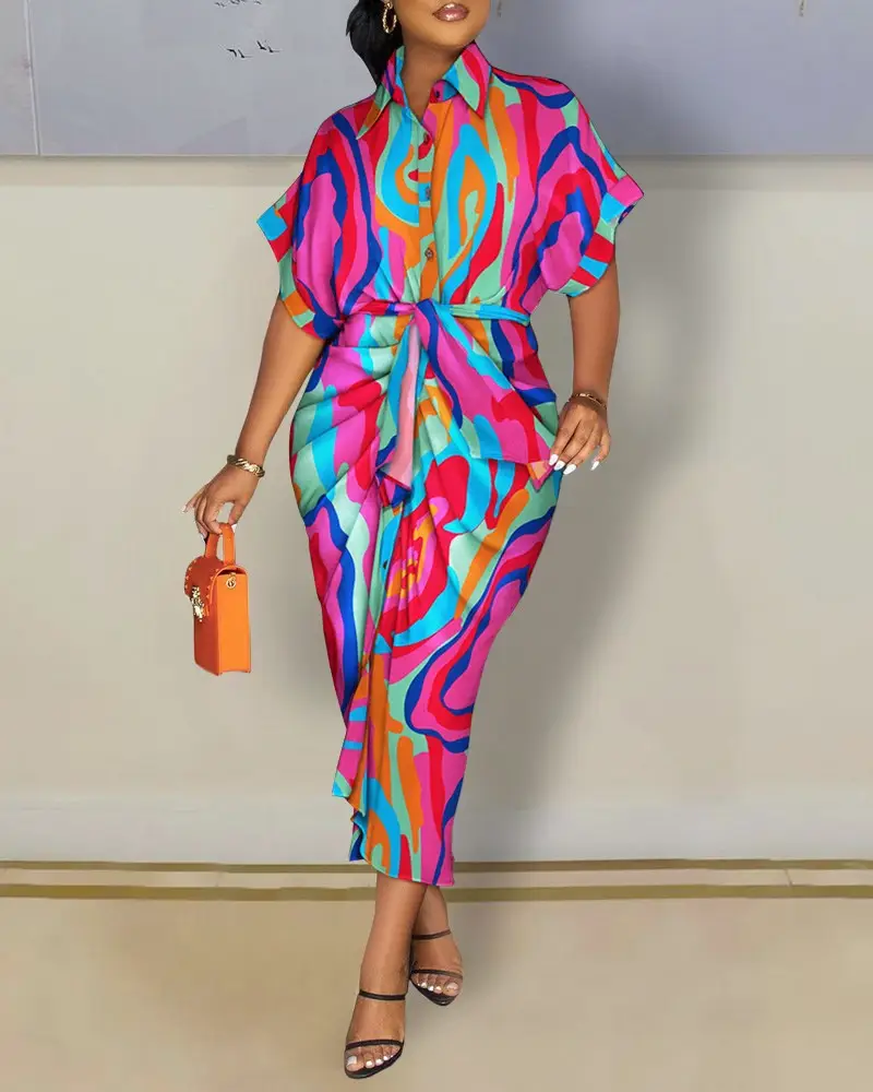 2022 V-Neck Button Printed Shirt Dress for Women - Image 3