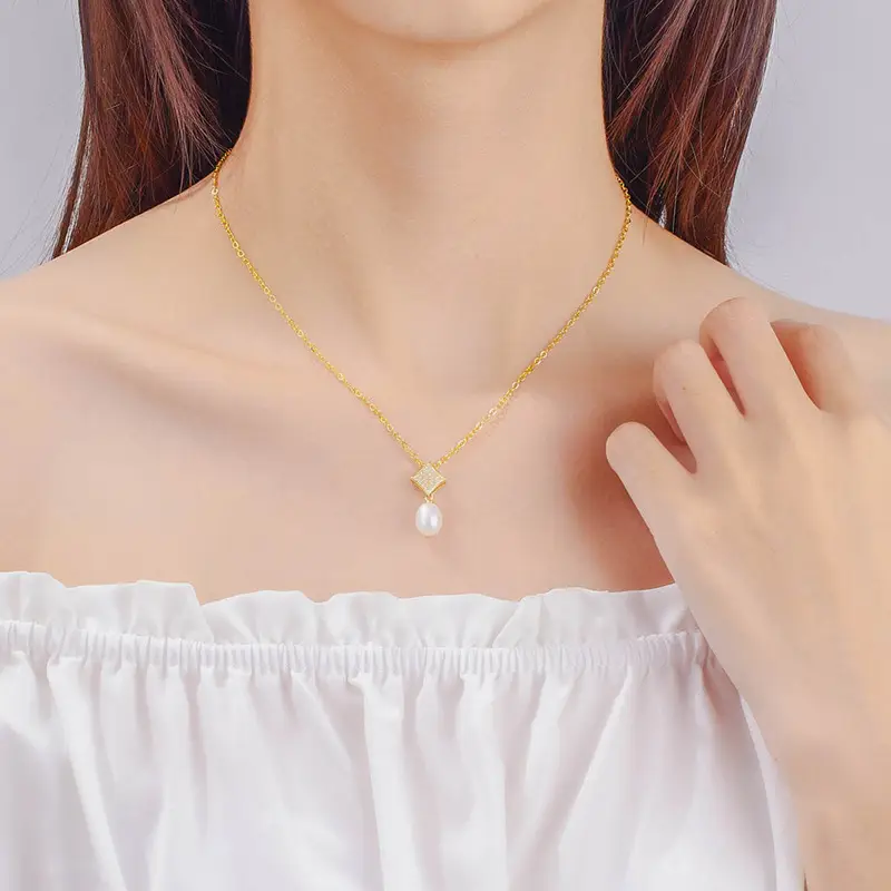 Pearl & Diamond Square Pendant Necklace - Image 2