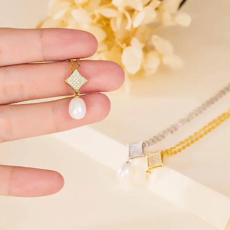 Pearl & Diamond Square Pendant Necklace - Image 3