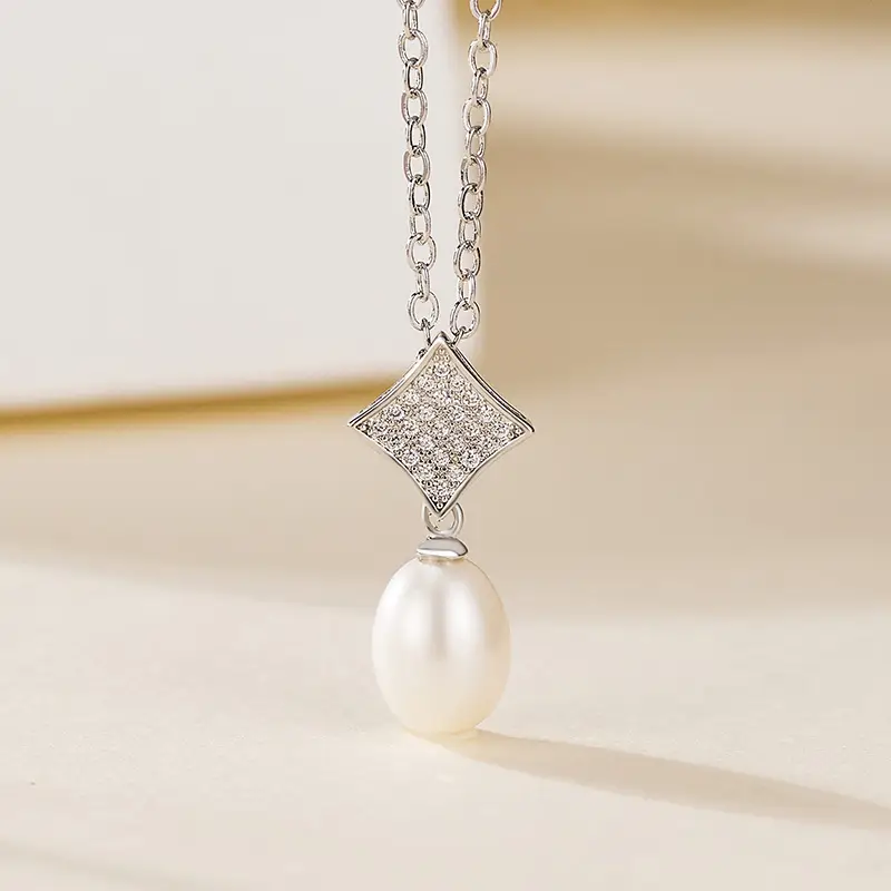 Pearl & Diamond Square Pendant Necklace - Image 4