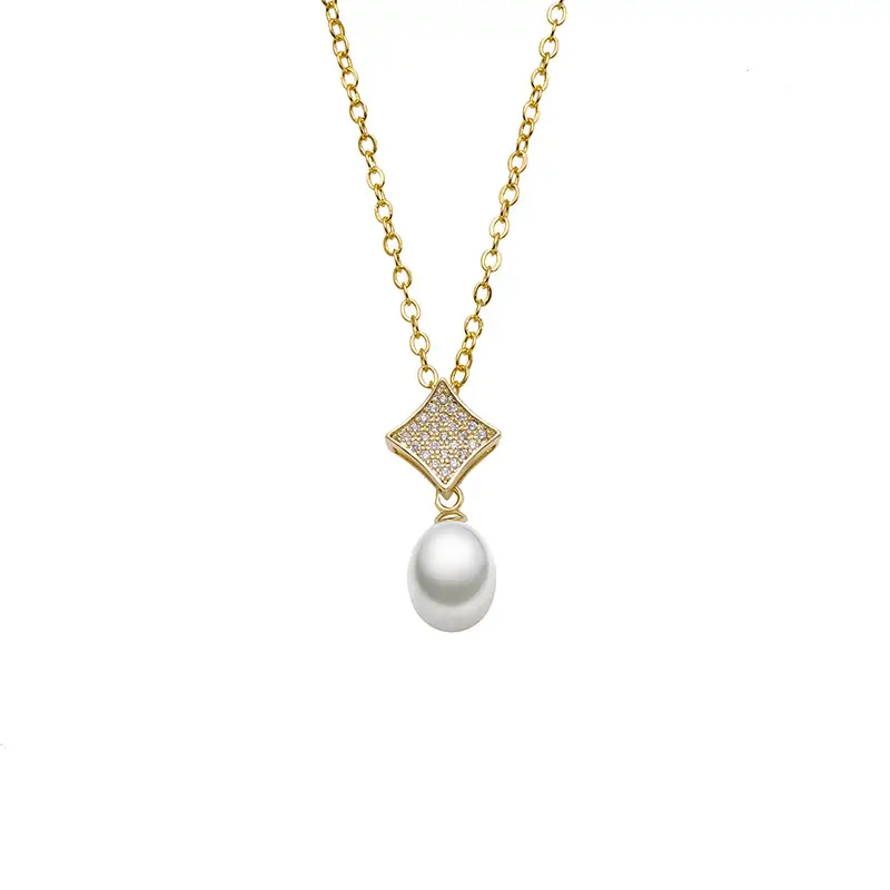 Pearl & Diamond Square Pendant Necklace - Image 5