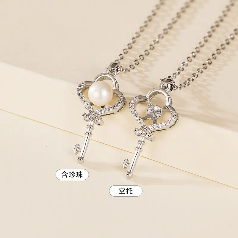 Gold Pearl Diamond Key Pendant Necklace - Image 2