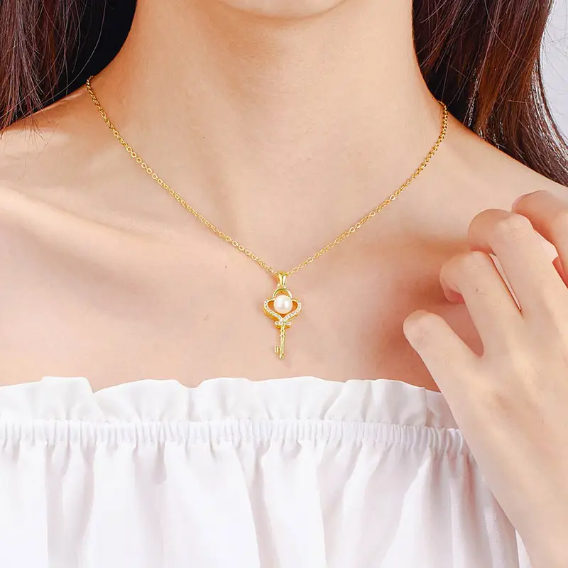 Gold Pearl Diamond Key Pendant Necklace - Image 3