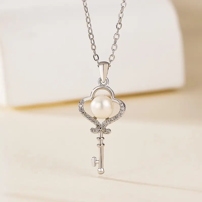 Gold Pearl Diamond Key Pendant Necklace - Image 4