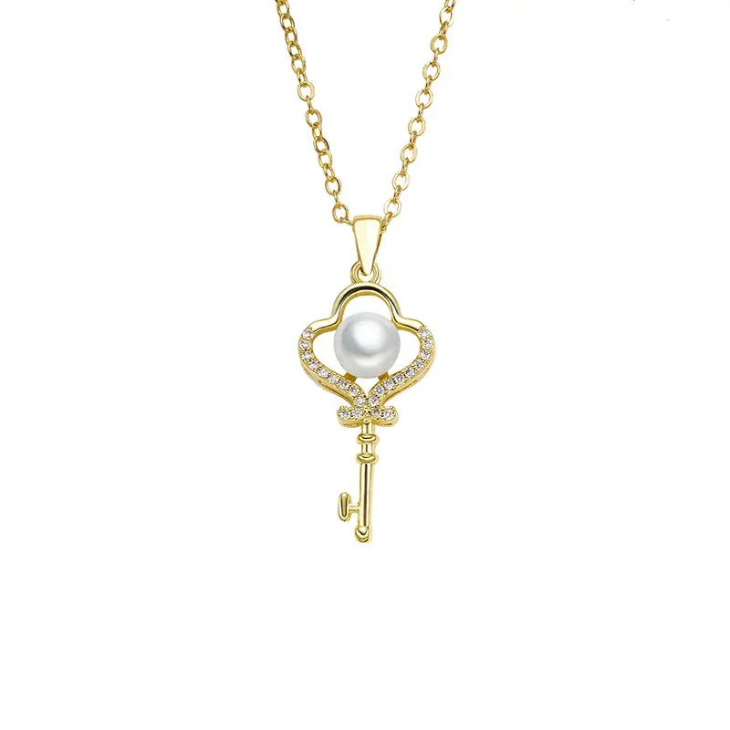 Gold Pearl Diamond Key Pendant Necklace - Image 5