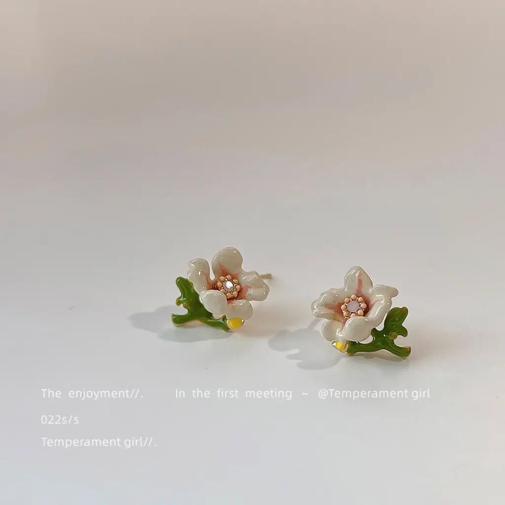 White Flower Earrings 925 Silver Needle Plated 14K Enamel Drop Glaze