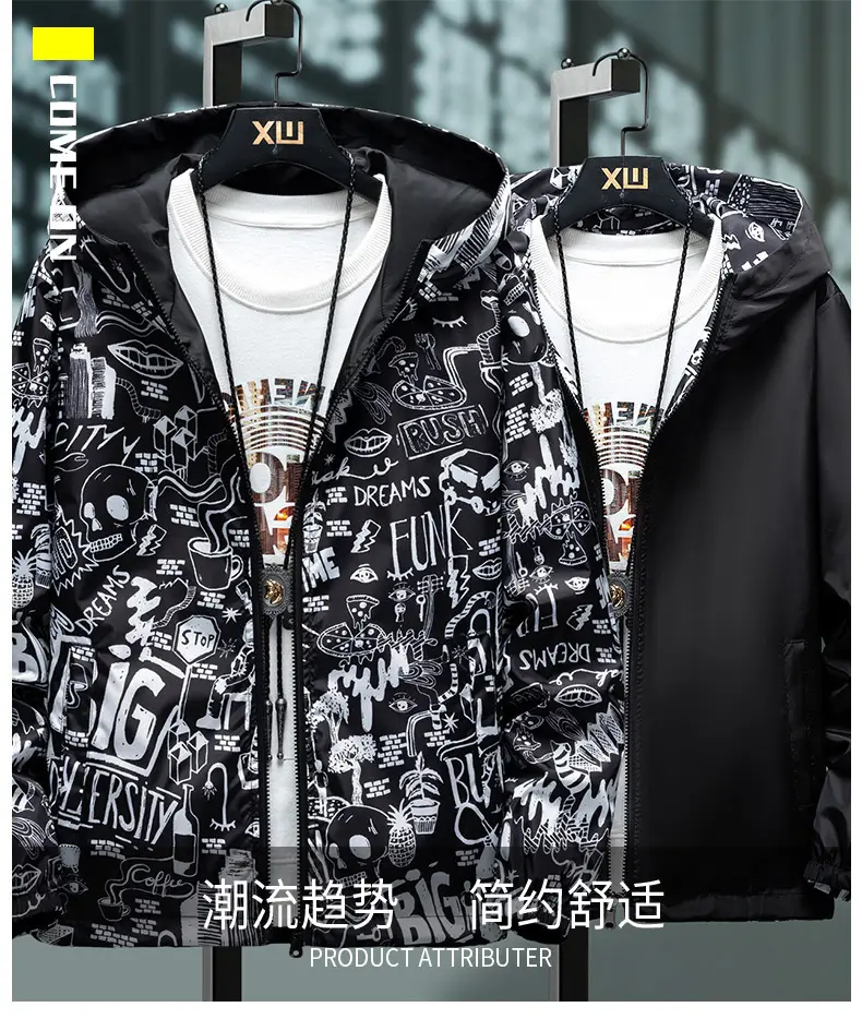 Men's Graphic Print Hoodie Jacket Black Spring Autumn — feature 2