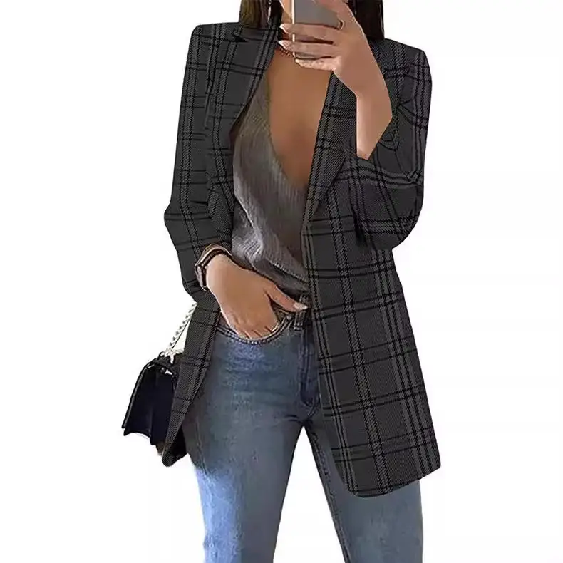 Women Plaid Blazer Lapel Set Spring Autumn - Image 7