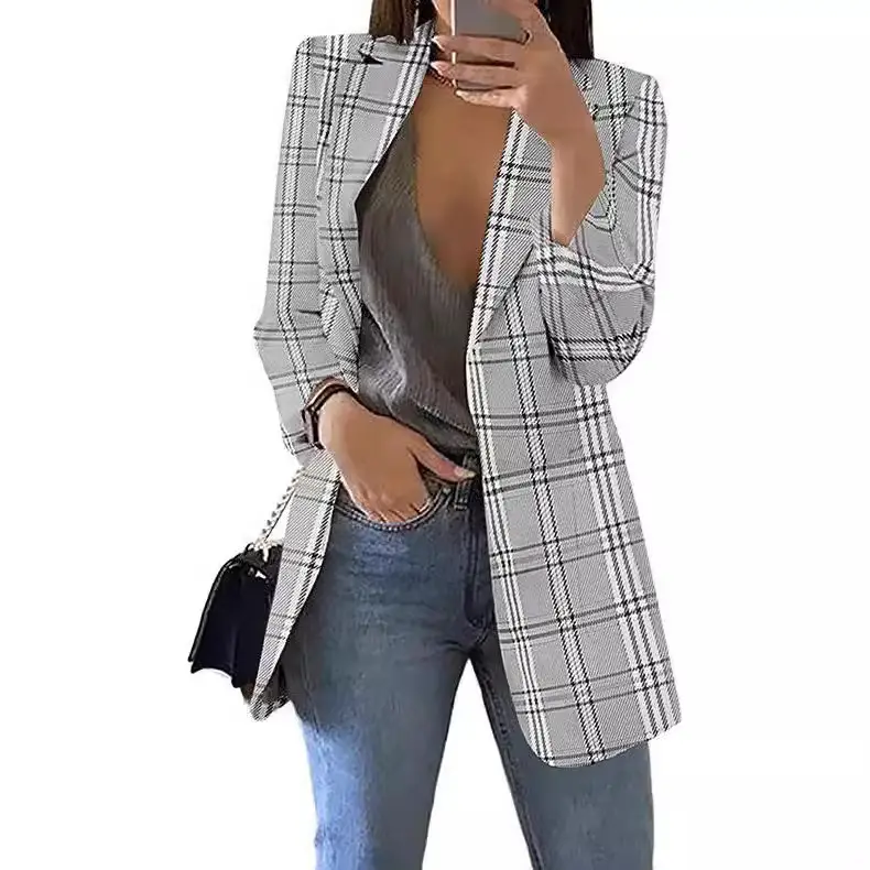 Women Plaid Blazer Lapel Set Spring Autumn - Image 9