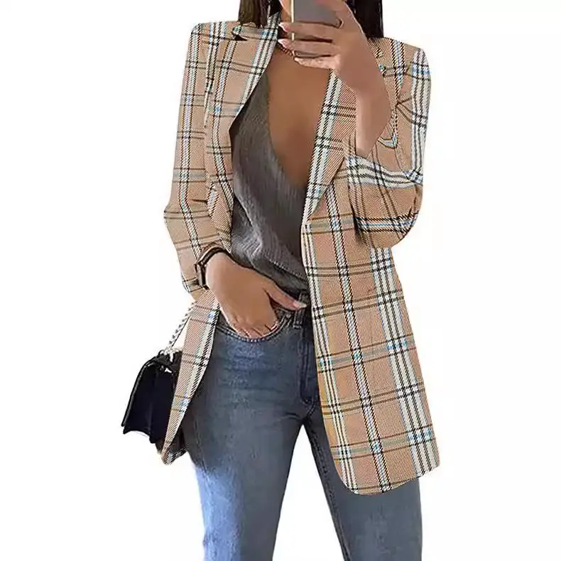 Women Plaid Blazer Lapel Set Spring Autumn - Image 10