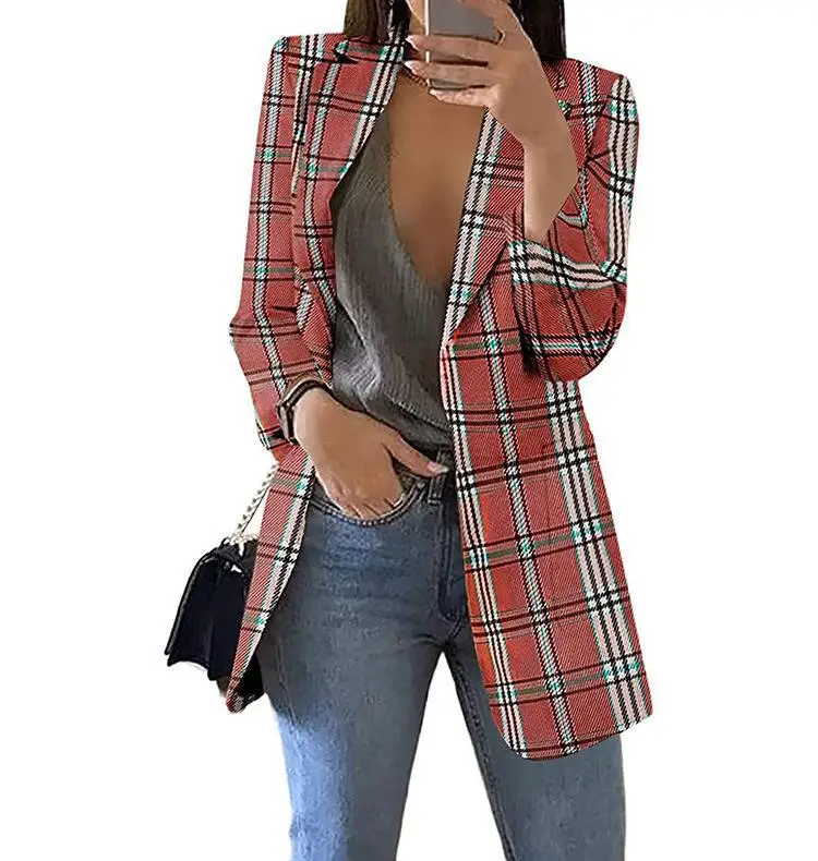 Women Plaid Blazer Lapel Set Spring Autumn - Image 3