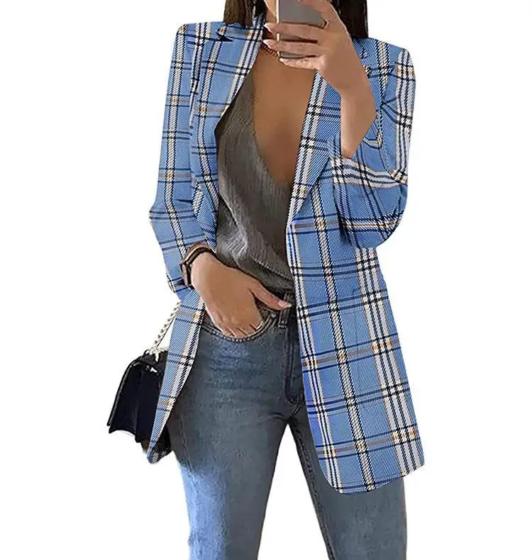 Women Plaid Blazer Lapel Set Spring Autumn - Image 4
