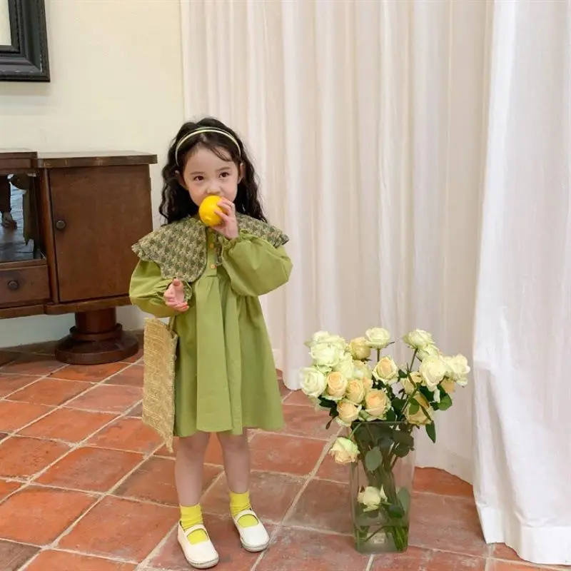 Girls Long Sleeve Avocado Green Floral Collar Dress - Image 3