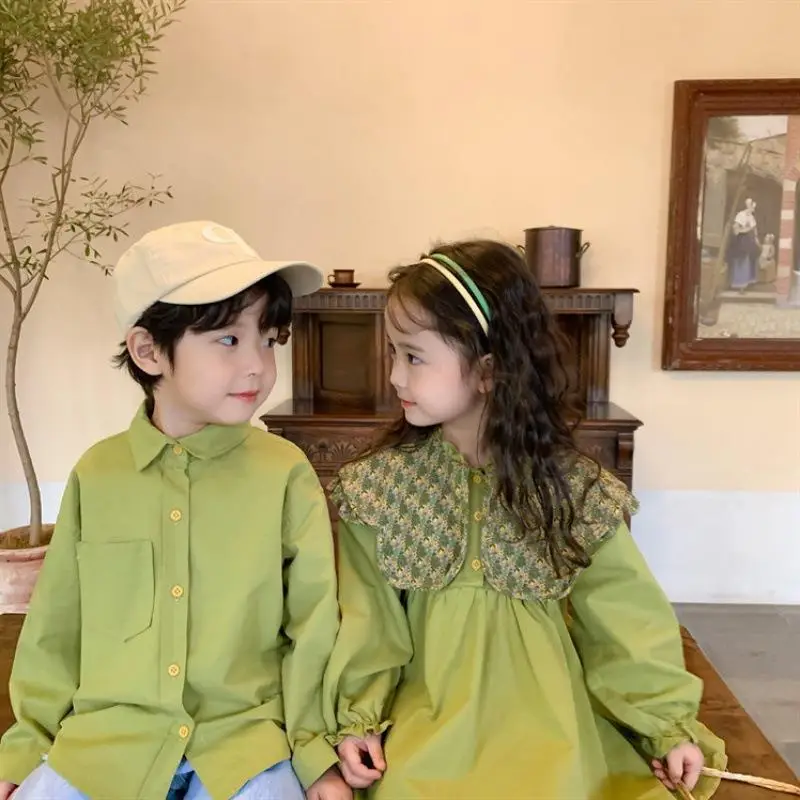 Girls Long Sleeve Avocado Green Floral Collar Dress - Image 5