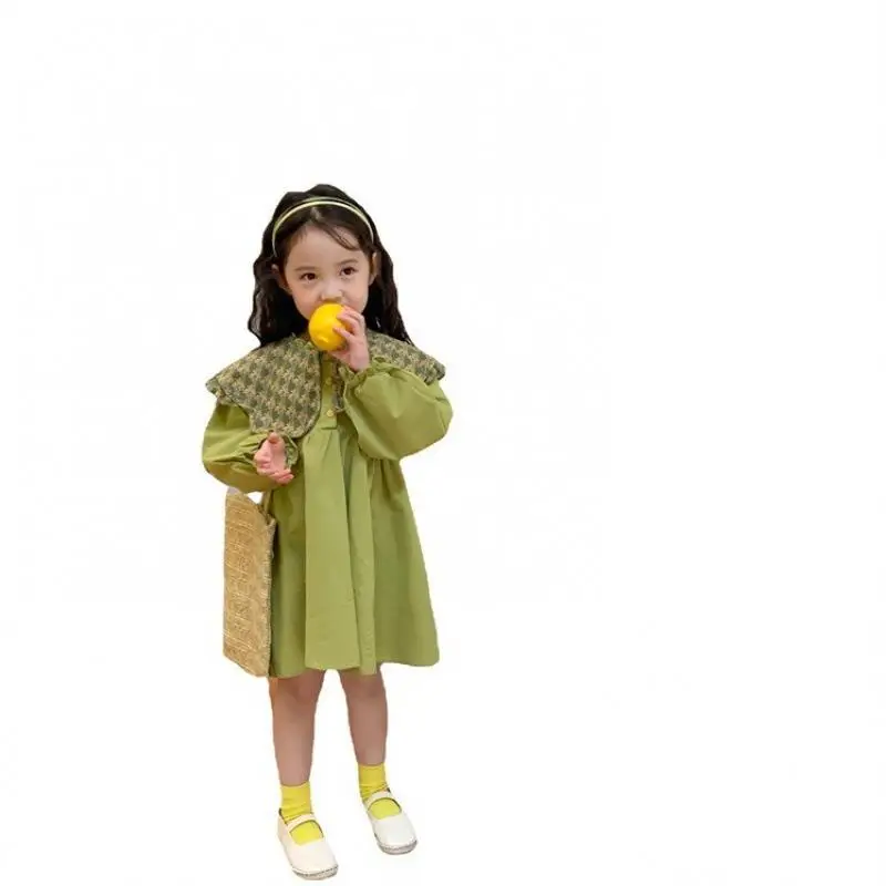 Girls Long Sleeve Avocado Green Floral Collar Dress - Image 6