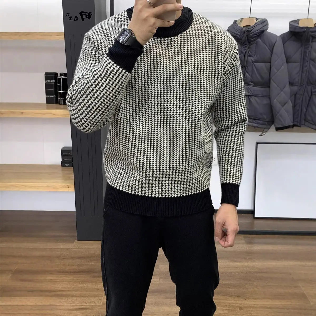 Men's 2022 Knit Plaid Pullover Sweater Black White