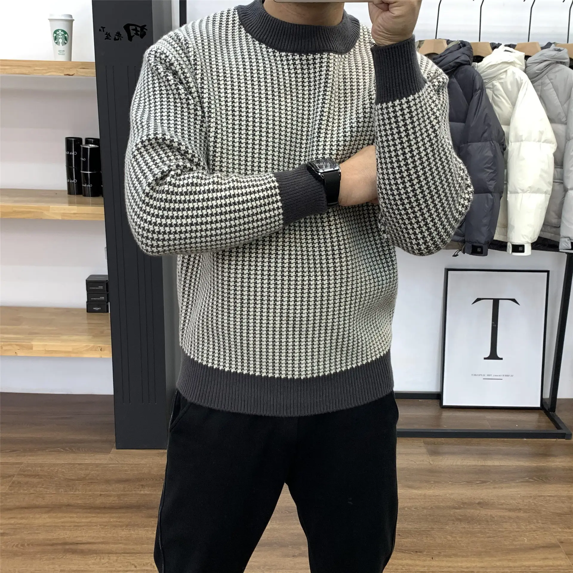 Men's 2022 Knit Plaid Pullover Sweater Black White