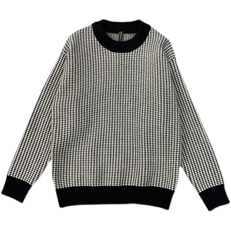 Men's 2022 Knit Plaid Pullover Sweater Black White