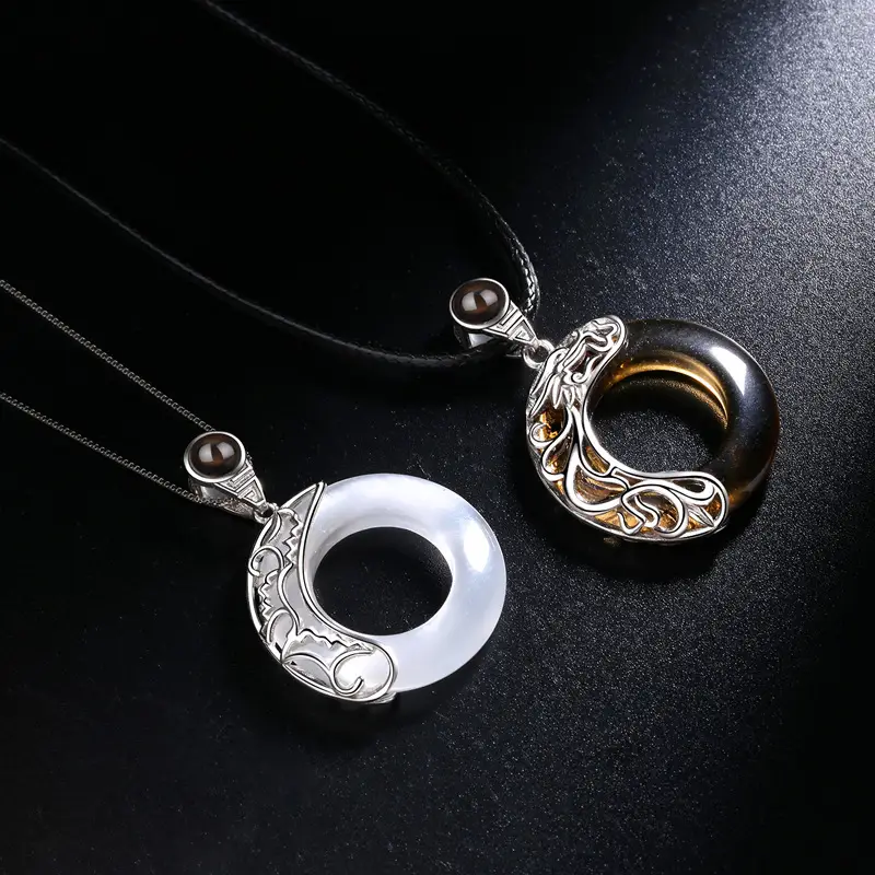 Chinese Dragon & Phoenix Couple Necklace Set Silver Black - Image 8