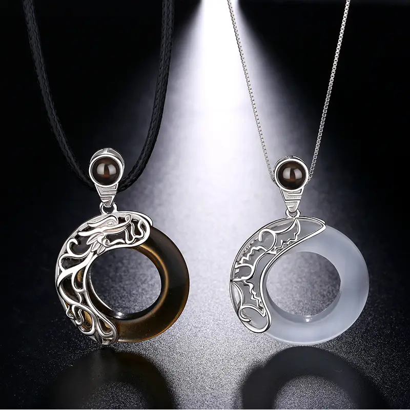Chinese Dragon & Phoenix Couple Necklace Set Silver Black - Image 9