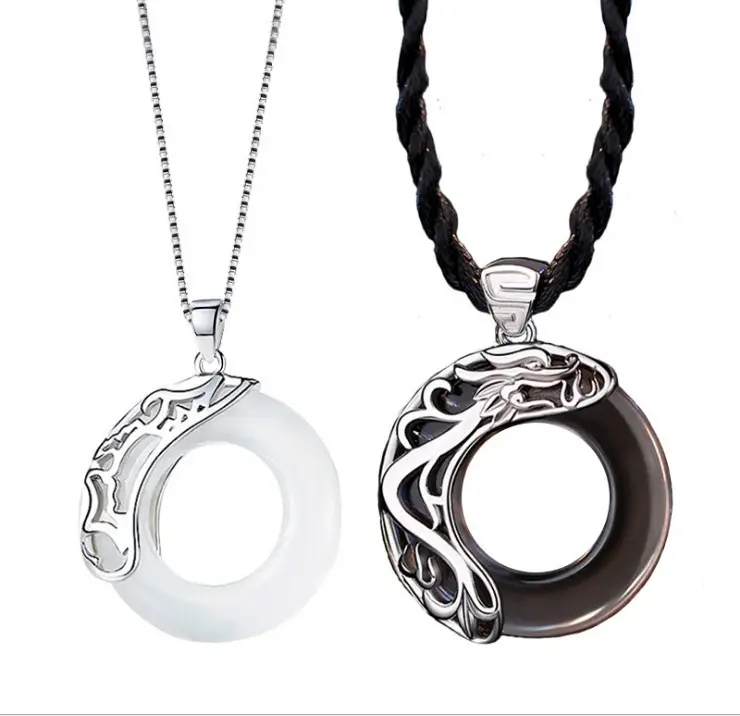 Chinese Dragon & Phoenix Couple Necklace Set Silver Black - Image 6