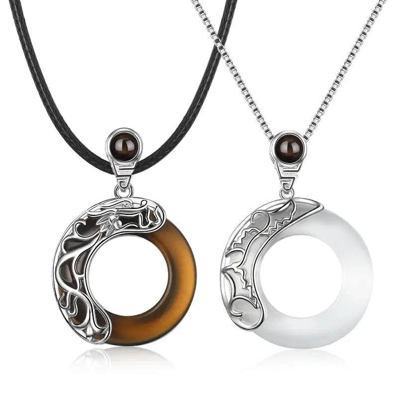 Chinese Dragon & Phoenix Couple Necklace Set Silver Black - Image 2