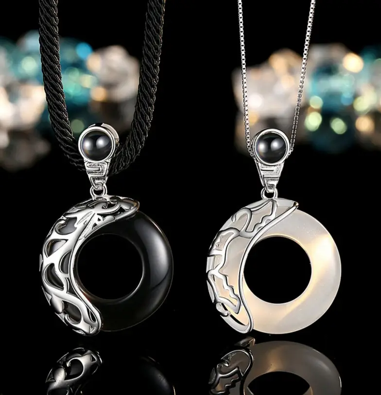 Chinese Dragon & Phoenix Couple Necklace Set Silver Black - Image 3
