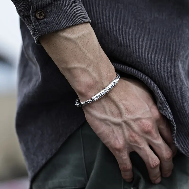 999 Sterling Silver Six-Character Mantra Bracelet for Men - Image 4