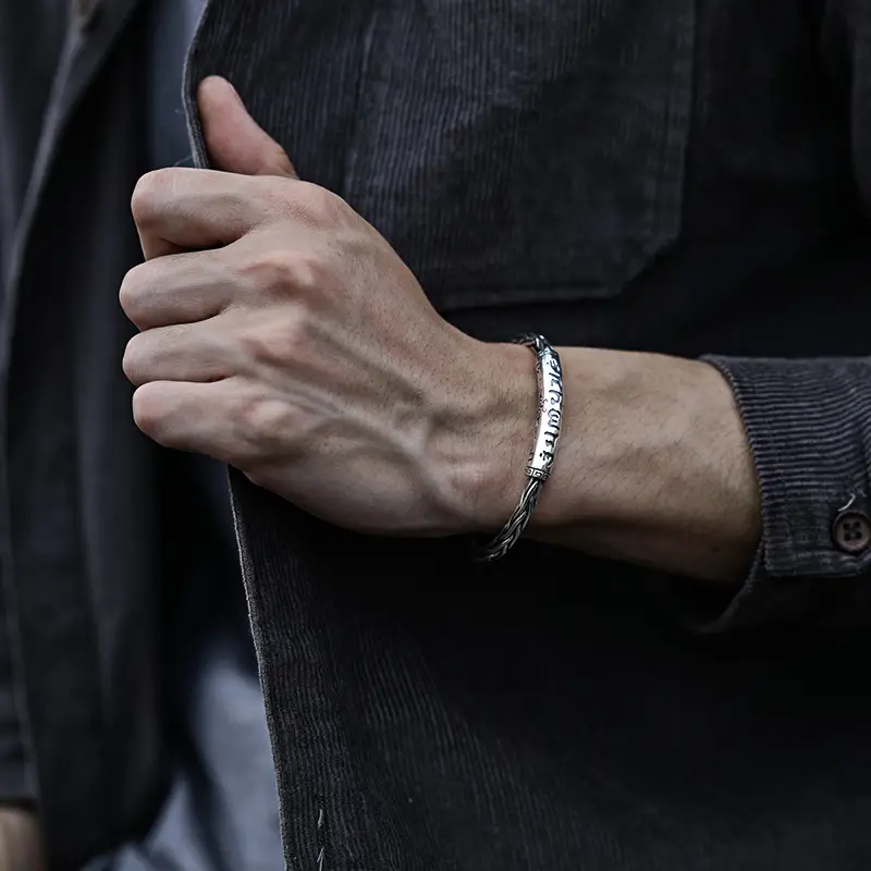 999 Sterling Silver Six-Character Mantra Bracelet for Men - Image 5