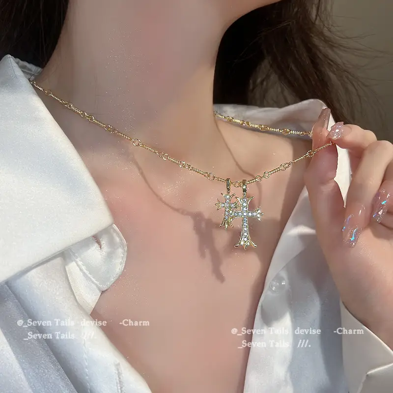 Double Cross Necklace Women's Pendant Baroque Accessories