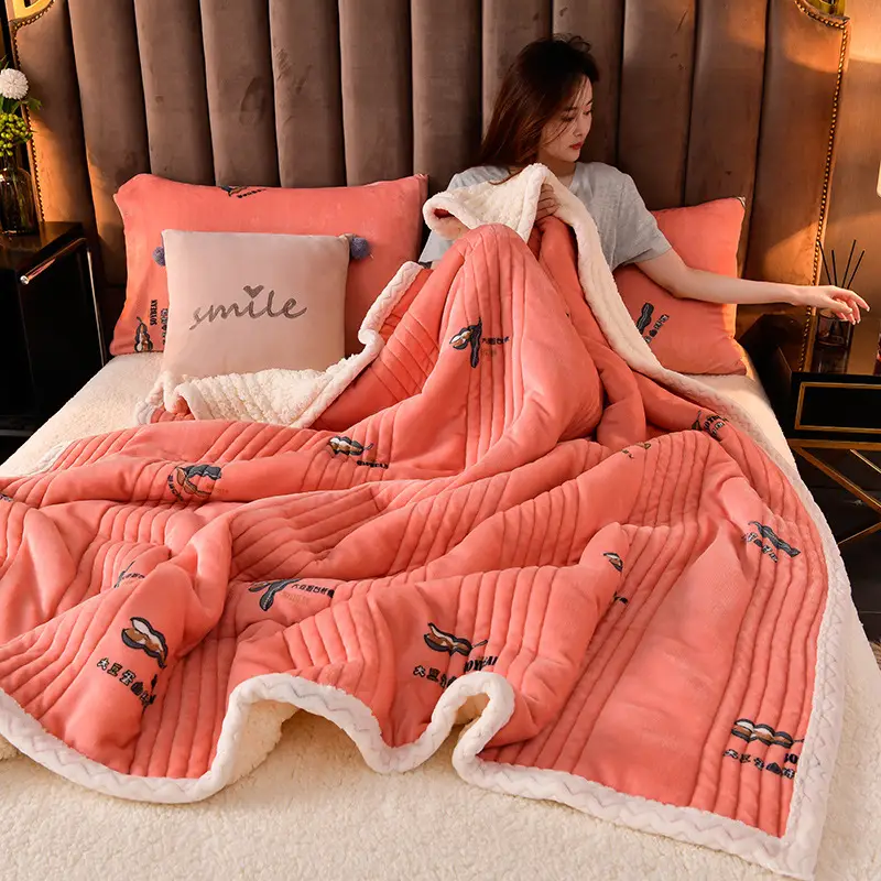 New Pink Three-Layer Lamb Fleece Blanket for Home - Image 4