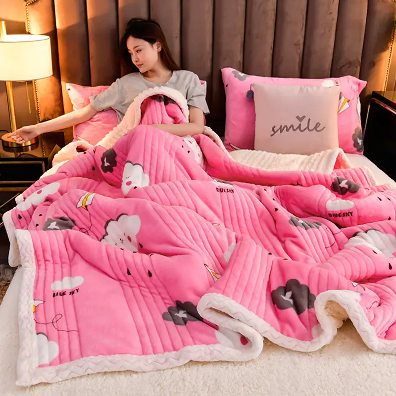 New Pink Three-Layer Lamb Fleece Blanket for Home - Image 6