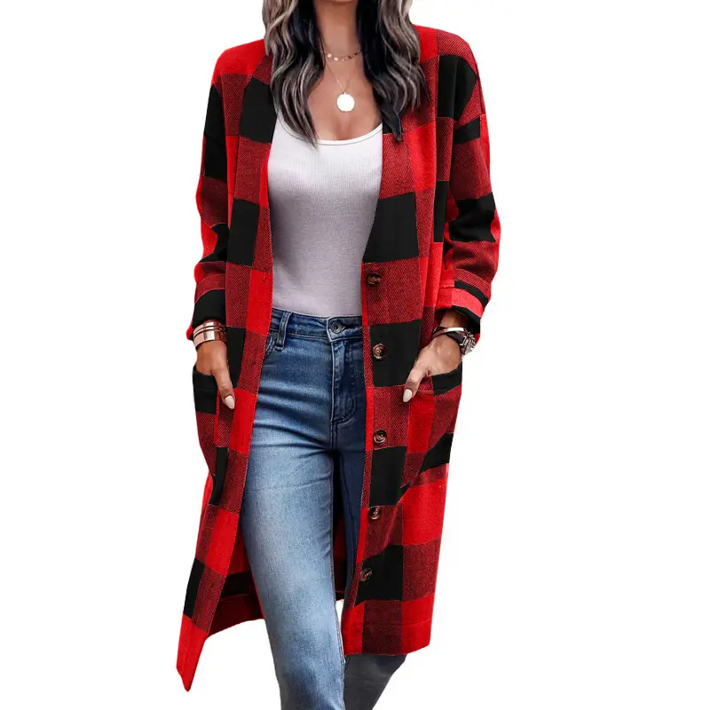 Women's 2022 Plaid Button Coat Cardigan - Image 5
