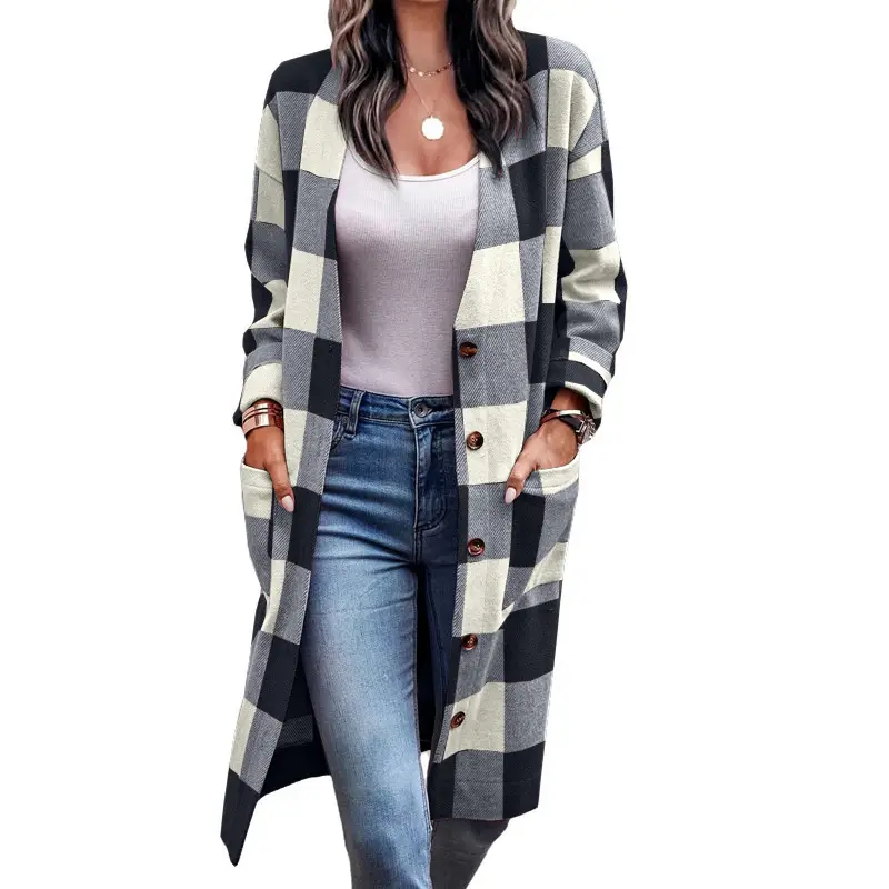 Women's 2022 Plaid Button Coat Cardigan - Image 6
