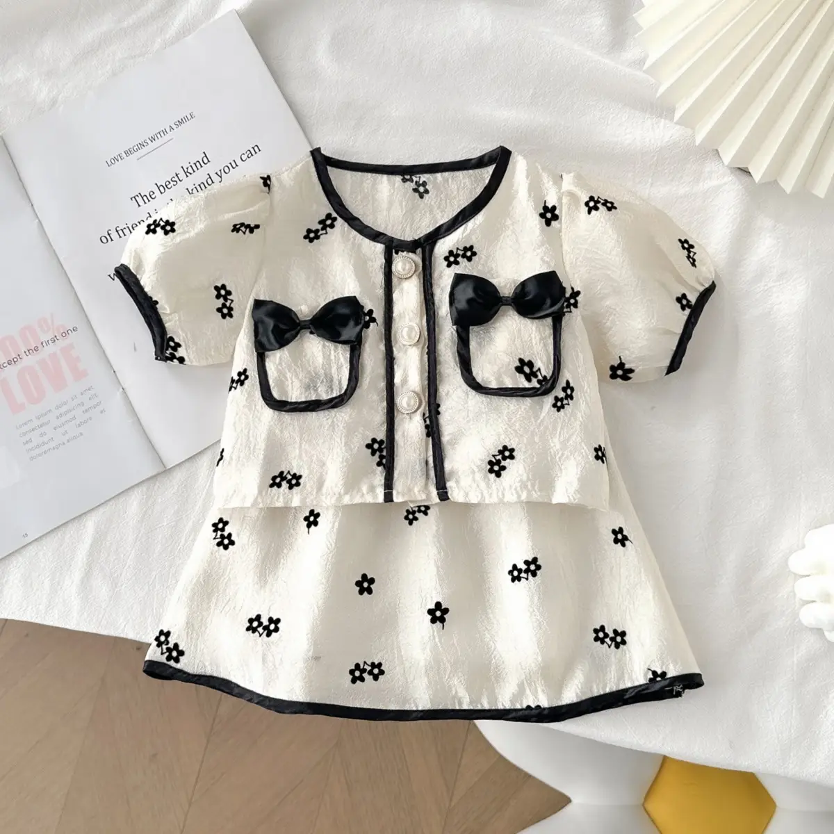 Pink Floral Korean Style Girls Suit Short Sleeve Short Skirt - Image 4