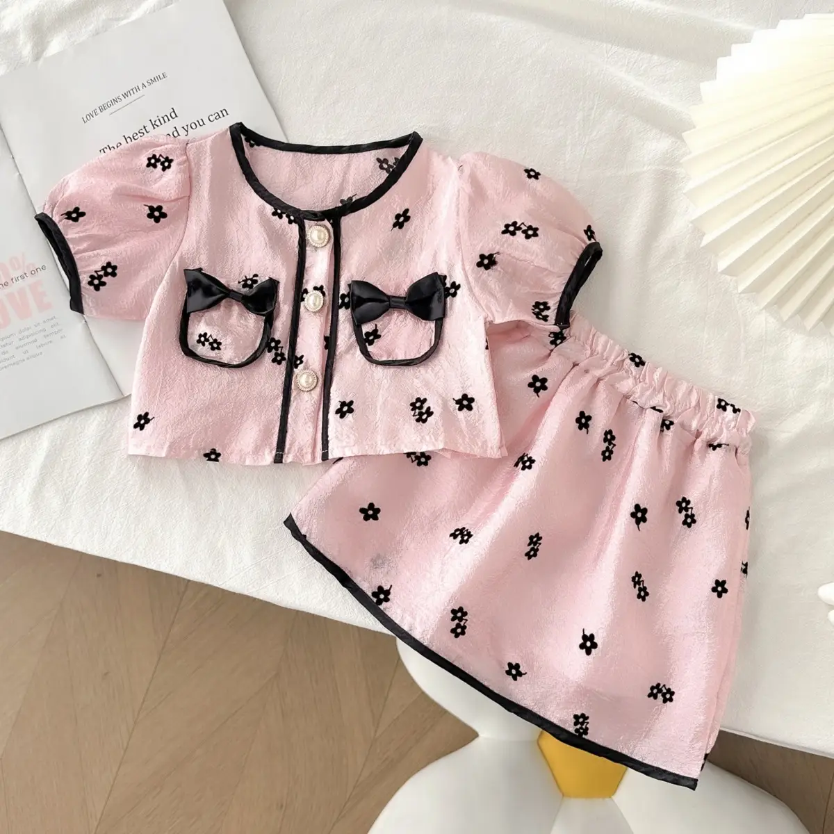 Pink Floral Korean Style Girls Suit Short Sleeve Short Skirt - Image 2