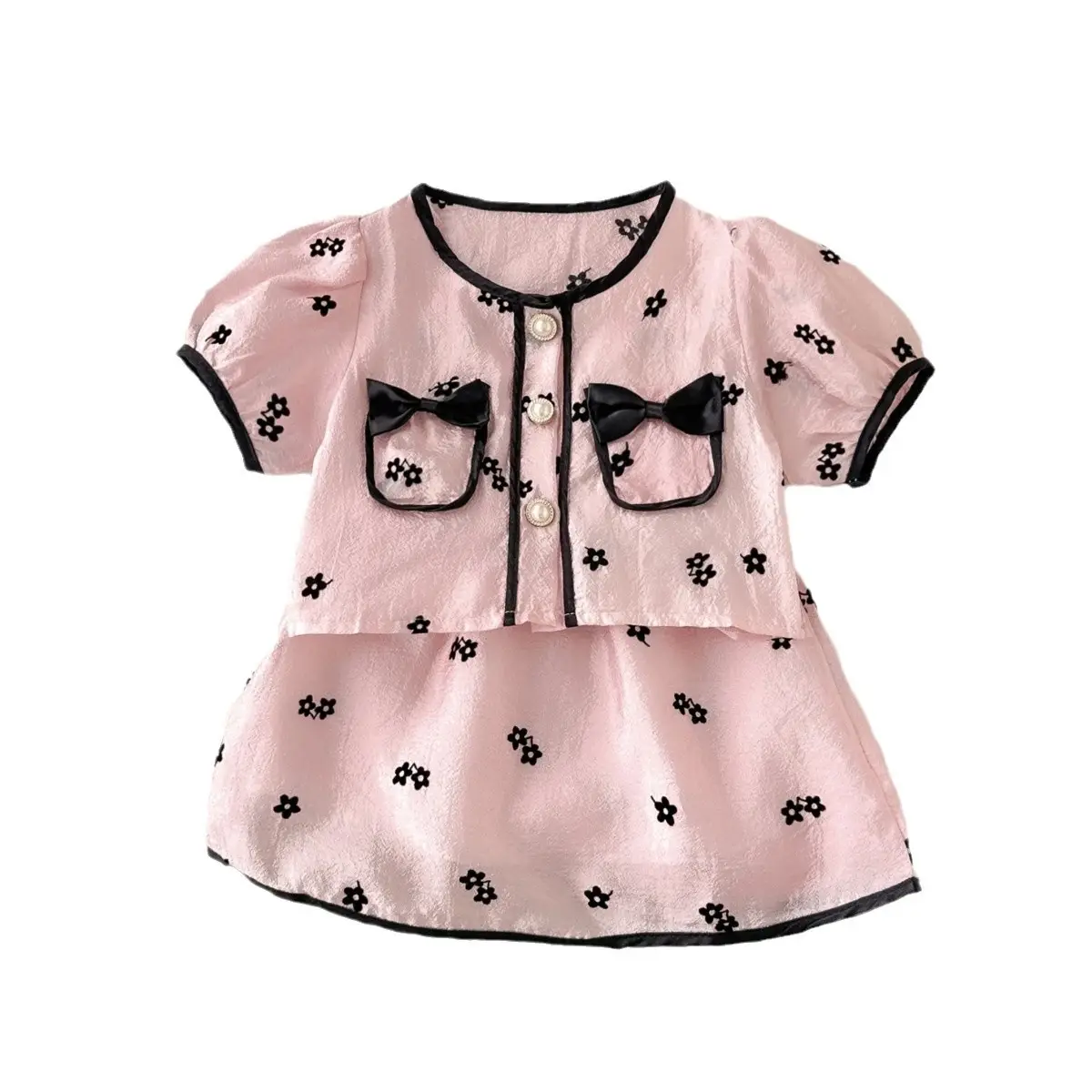 Pink Floral Korean Style Girls Suit Short Sleeve Short Skirt - Image 5