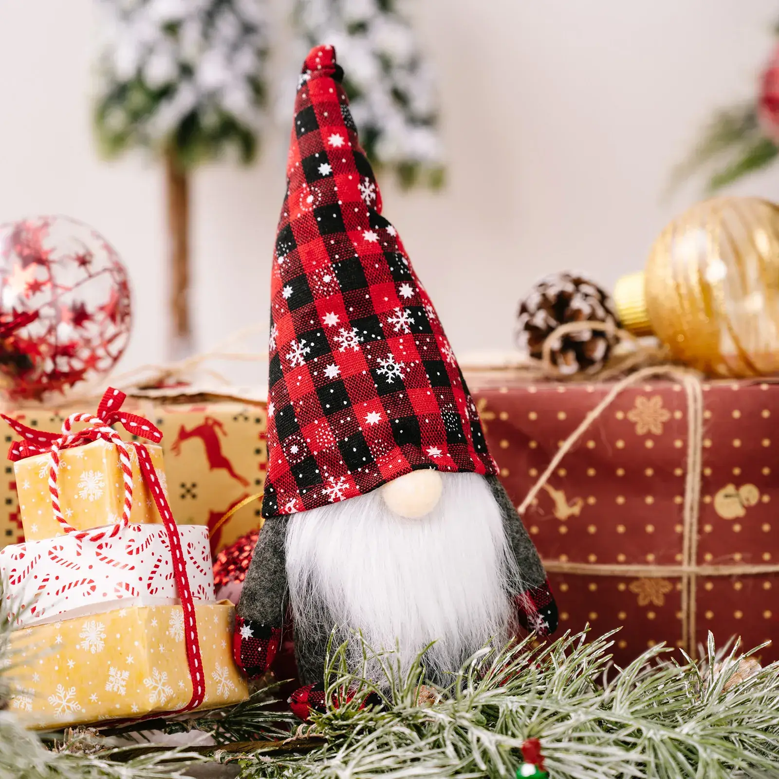 Red Black Plaid Snowflake Rudolph Doll Christmas Decor - Image 4
