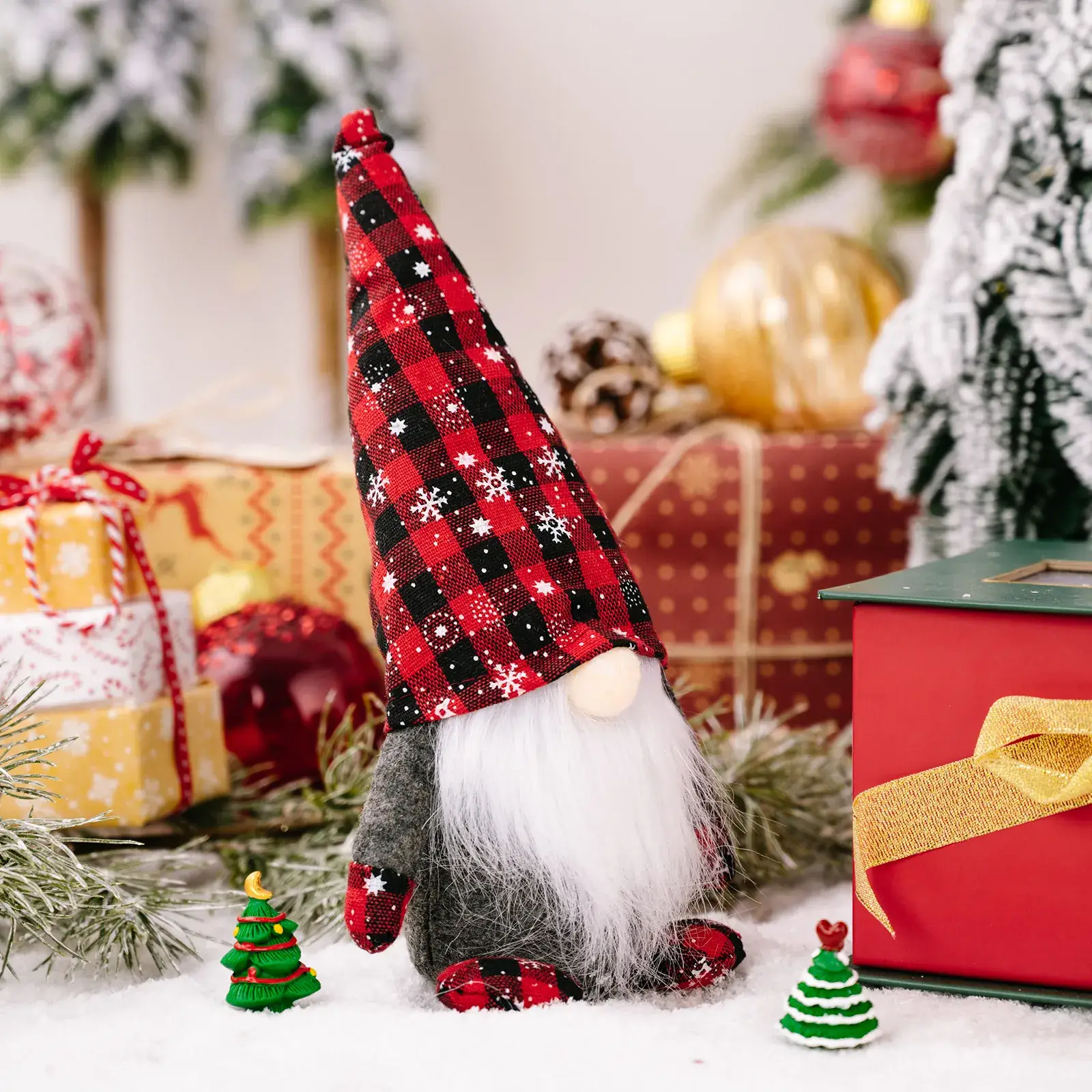 Red Black Plaid Snowflake Rudolph Doll Christmas Decor - Image 5