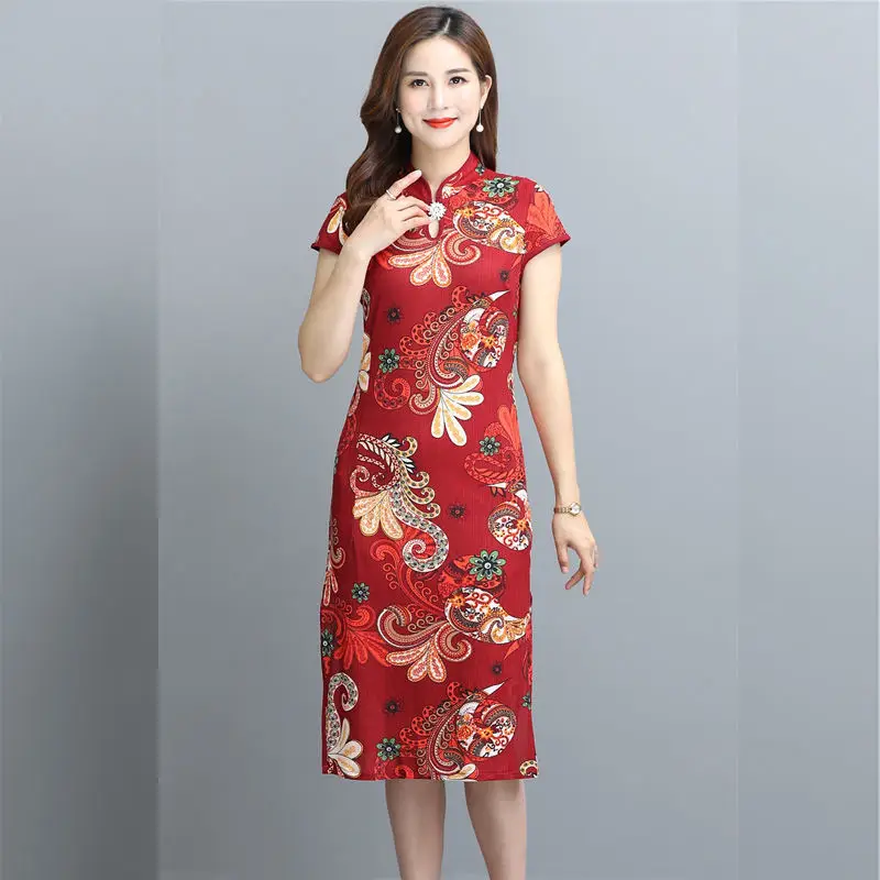 Red Printed Cheongsam Dress Women New Style Midi - Image 6