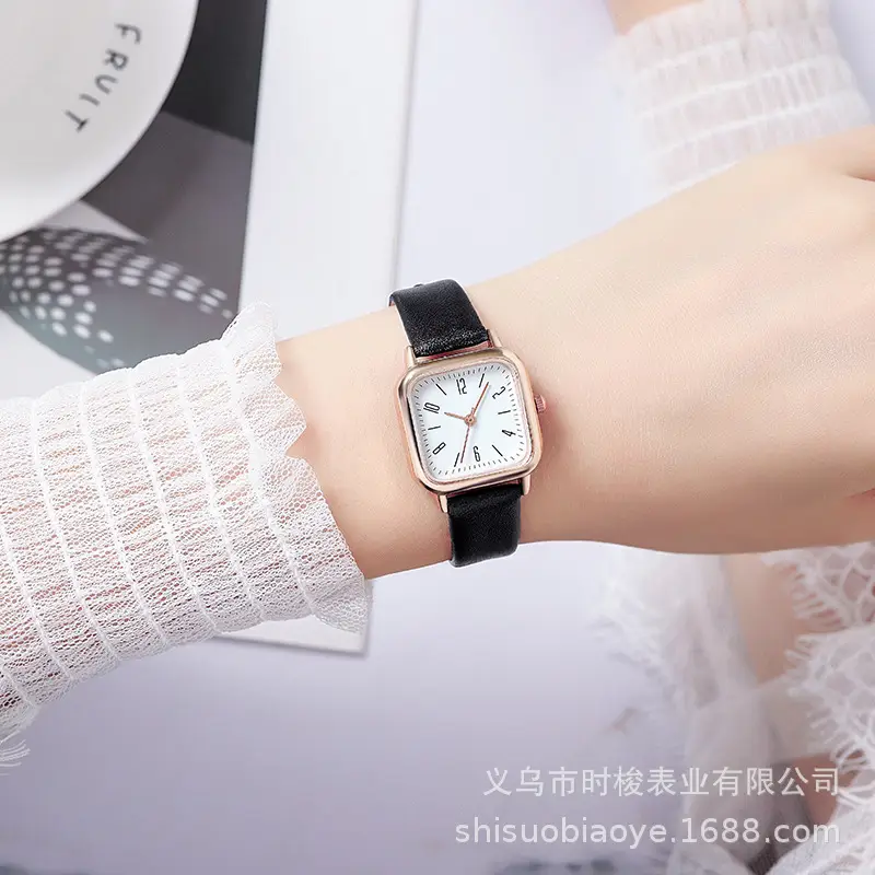 Women's Square Watch Gold Rose Gold Black Strap Quartz - Image 5