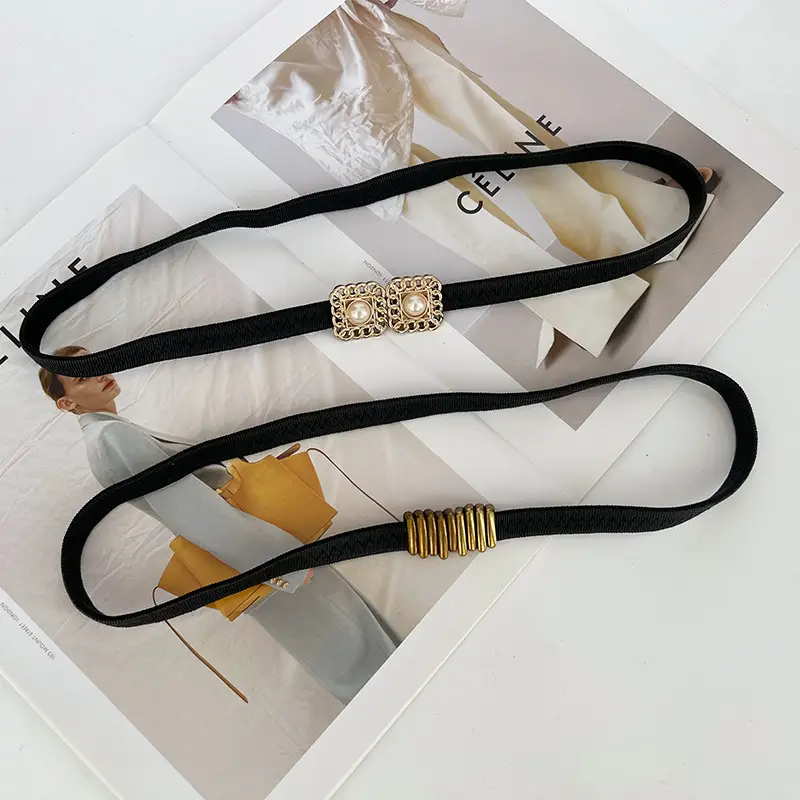 Korean-style Stretch Belt for Women Black Gold Pearl - Image 12