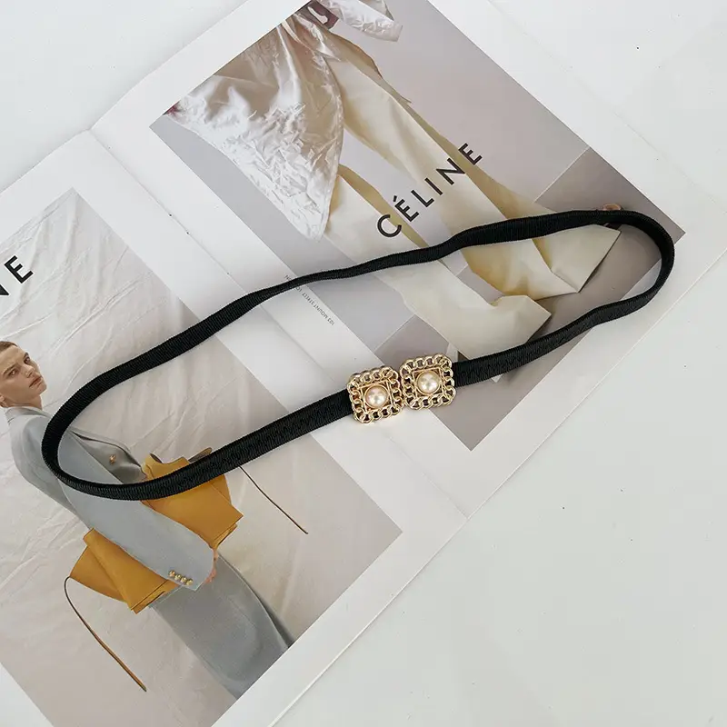 Korean-style Stretch Belt for Women Black Gold Pearl - Image 3