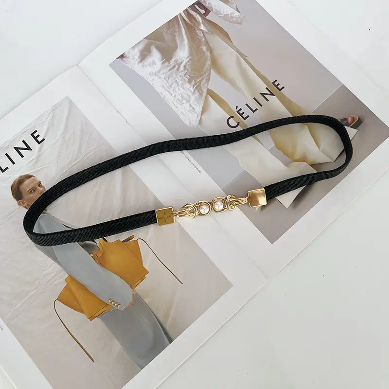 Korean-style Stretch Belt for Women Black Gold Pearl - Image 5