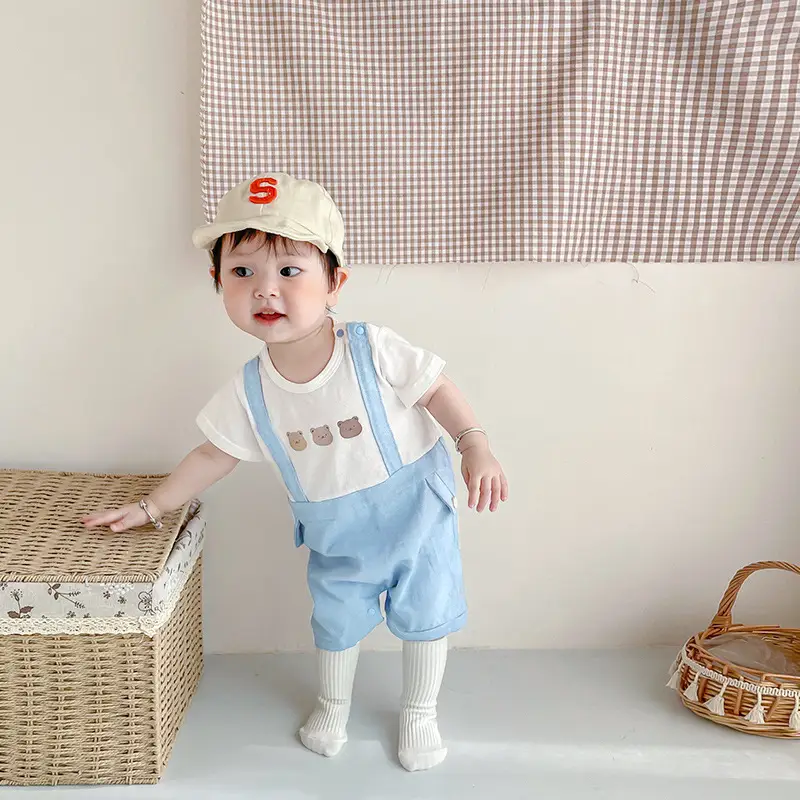 Baby Bear Printed Shorts Set Striped Top Overalls - Image 2