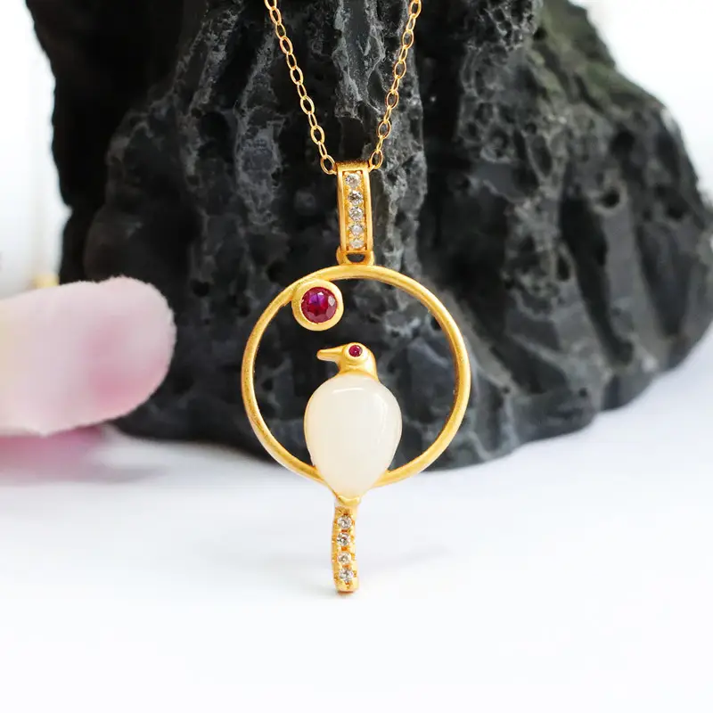 Guan Yu Pendant Necklace with Hetian Jade & Red Stone — feature 9