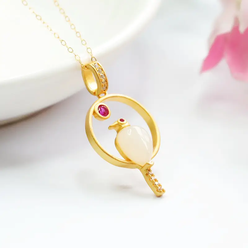 Guan Yu Pendant Necklace with Hetian Jade & Red Stone — feature 6