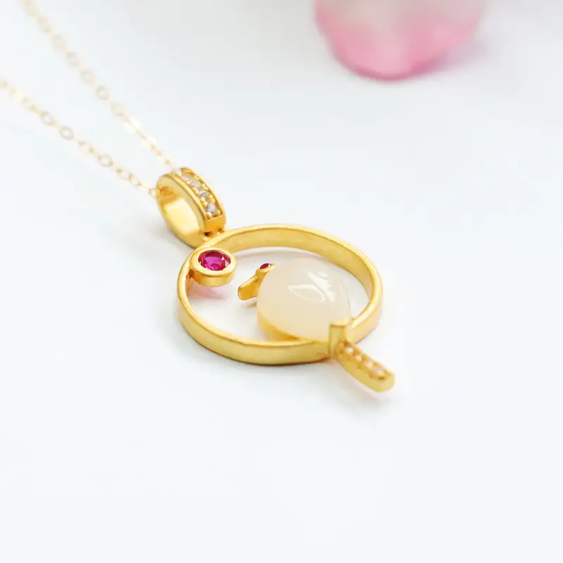 Guan Yu Pendant Necklace with Hetian Jade & Red Stone — feature 7